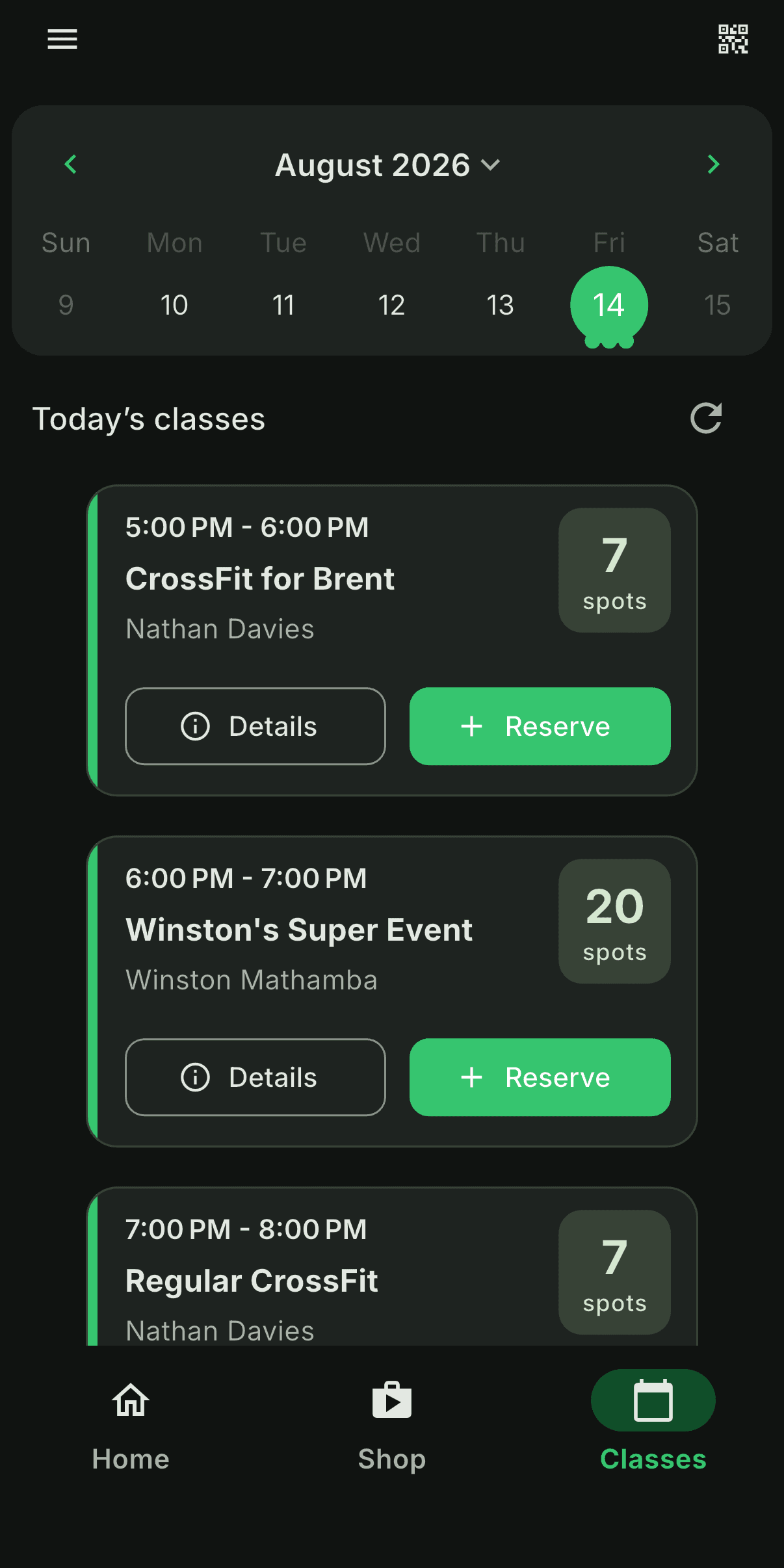 WheelPay class calendar and reservation screen