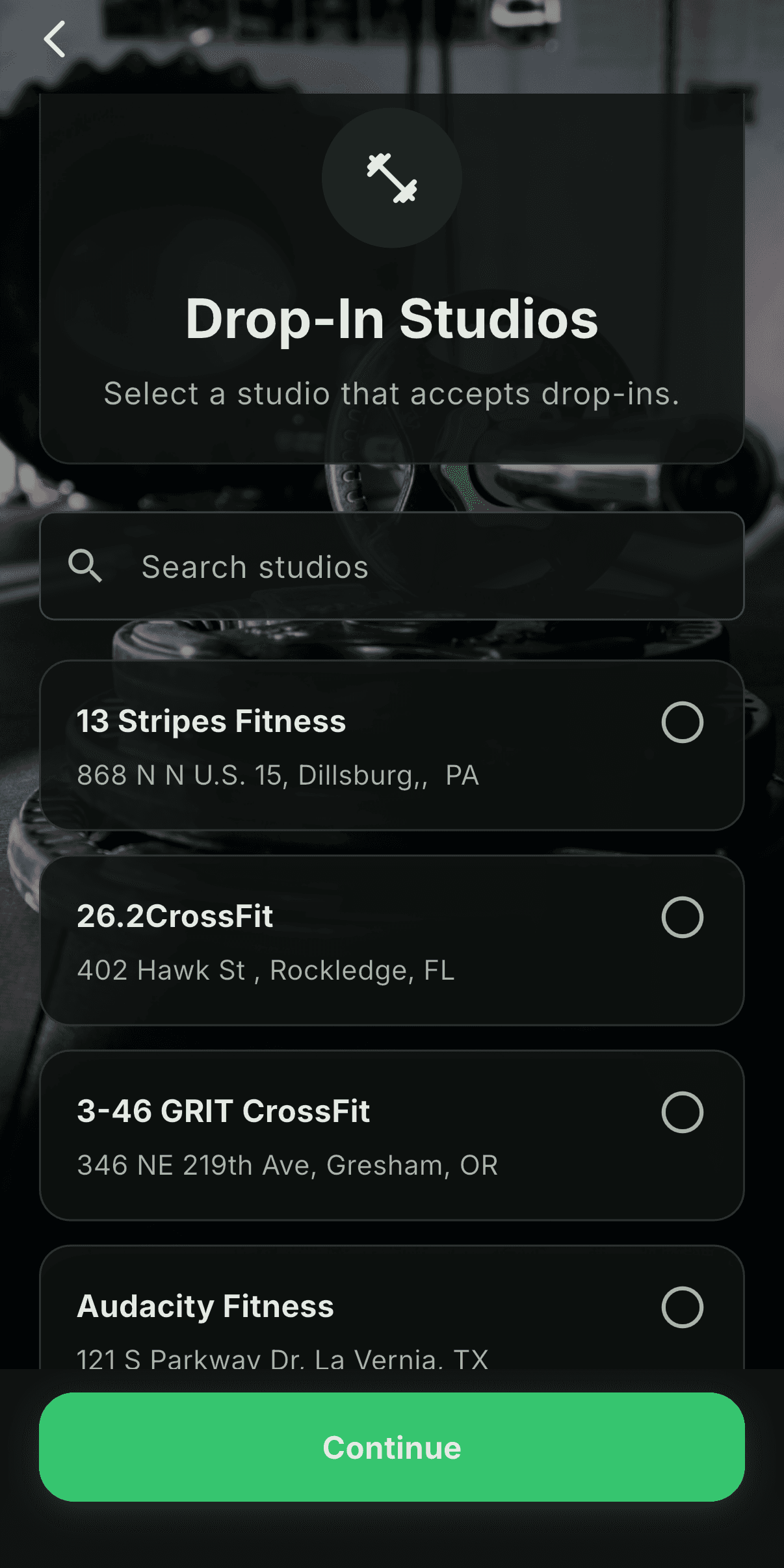 WheelPay drop-in studio search screen